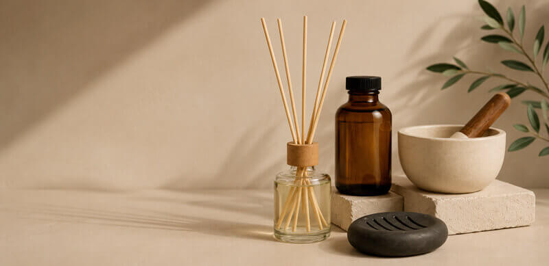 Wellness products: reed diffuser, bath oil, and stone dish