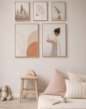 Cozy living room styled with framed art and furniture